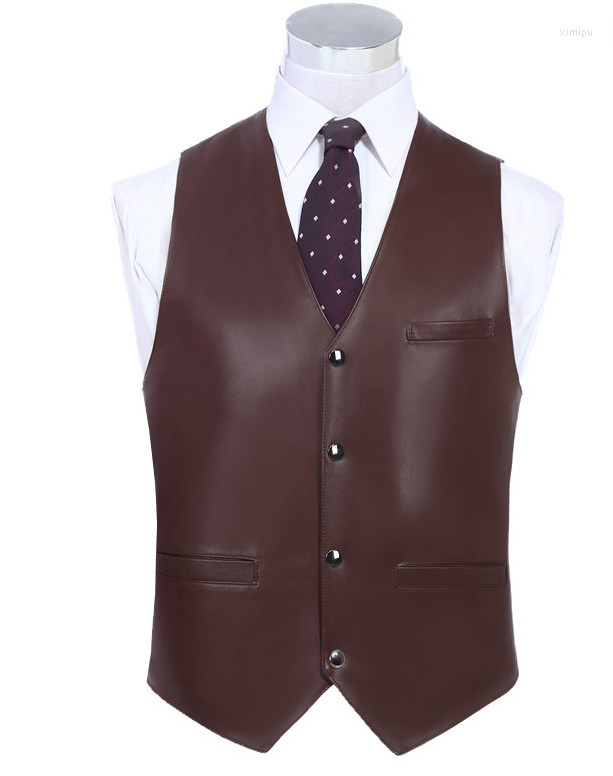 

Men's Vests Men Genuine Leather Sheepskin V-neck Waistcoat Spring Autumn Suit Dress Real Slim Fit Casual Sleeveless Jacket, Black
