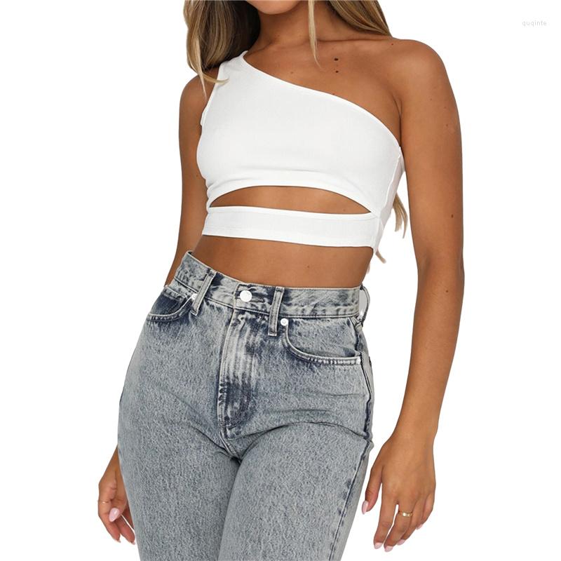

Women' Tanks Summer One Shoulder Cutout Crop Tops Women Solid Color Sleeveless Backless Slim Fit Vest Casual Streetwear, Black