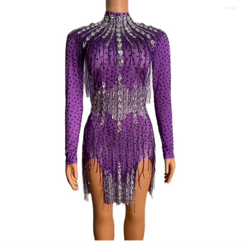 

Stage Wear Purple Shining Rhinestones Tassel Sexy Long Sleeves Dress For Women Nightclub Prom Clothing Singer Costume Evening Wears