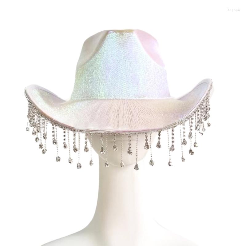 

Berets Tassel Cowgirl Hat Bachelorette Party Bride Rhinestones Cowboy, White