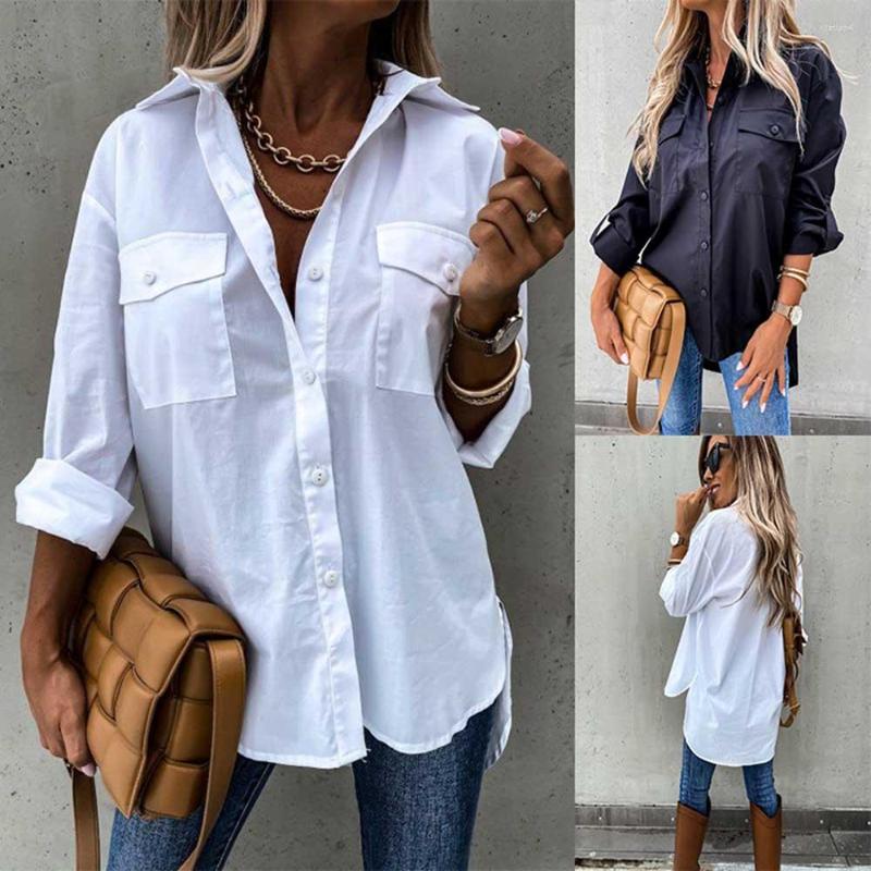 

Women' Blouses OL Pocket Loose Blouse Tops Spring Autumn Turn Down Collar Long Sleeve Irregular Solid Shirts Korean HY-W190735, Black