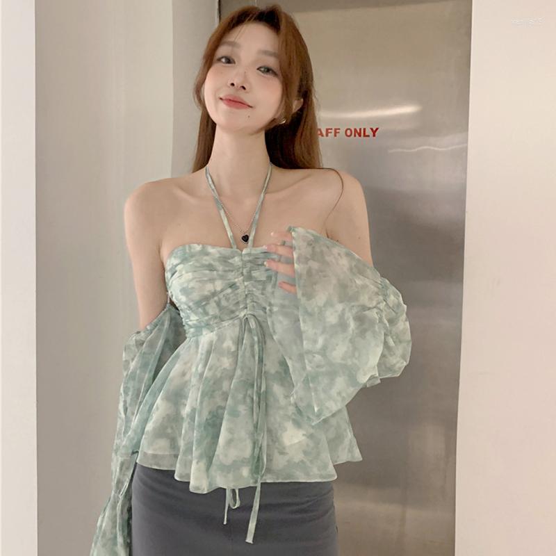 

Women' Blouses Sexy Chiffon Blouse For Women Off Shoulder Flare Long Sleeve Thin Lady Slash Neck Back Zipper Backless Blusa 2023 Spring, Green