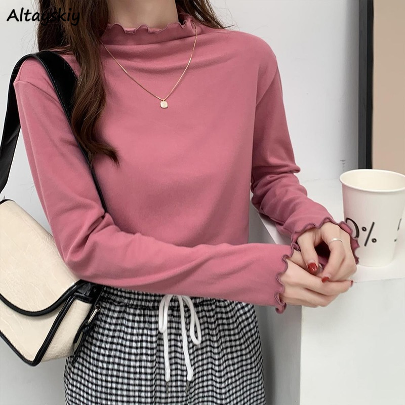 

Women's T-Shirt T-shirts Women Solid Simple Fungus Long Sleeve Sweet Ladies Basic All-match Trendy Korean Style Casual Warm Thicker Ins 230414, Black