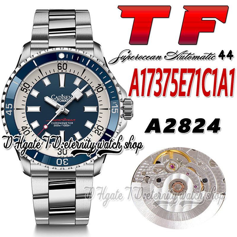 

TF Superocean 44 ETA A2824 Automatic Mens Watch A17375E71C1A1 Ceramic Bezel Blue White Dial Stick Markers Stainless Steel Bracelet Super Edition eternity Watches, Watch waterproof production cost