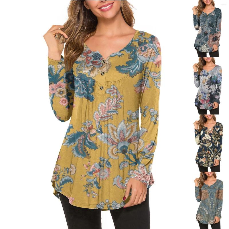 

Women's Blouses Flower Print Women's With Button Vintage Top O-neck Long Sleeve Blouse And Shirt For Women Plus Size Woman Clothing, Pink