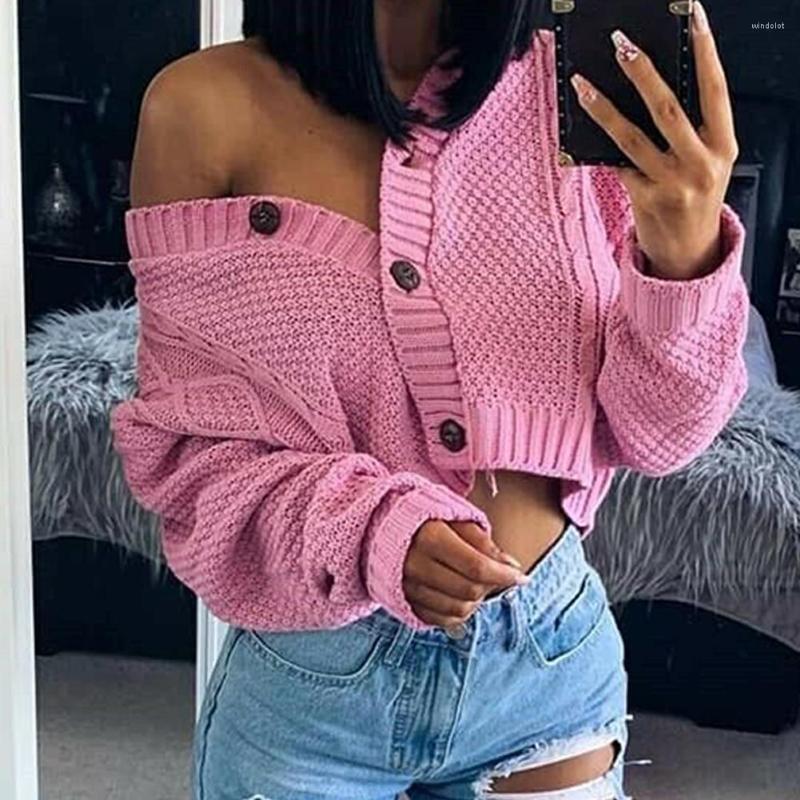 

Women' Knits 2023 Women Autumn Twist Knitted Short Jacket Loose Cropped Sweater Buttons Cardigan Sweaters Tops Casual, White
