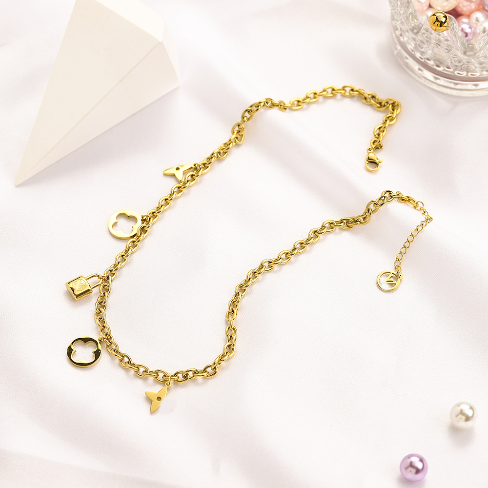 

Womens Designer Bracelet Pendant Necklaces Double Layer Chain Luxury Brand Letter Geometric 18K Gold Plated Stainless steel Chain Bangle Wristband Jewelry Sets, Bracelet-1379