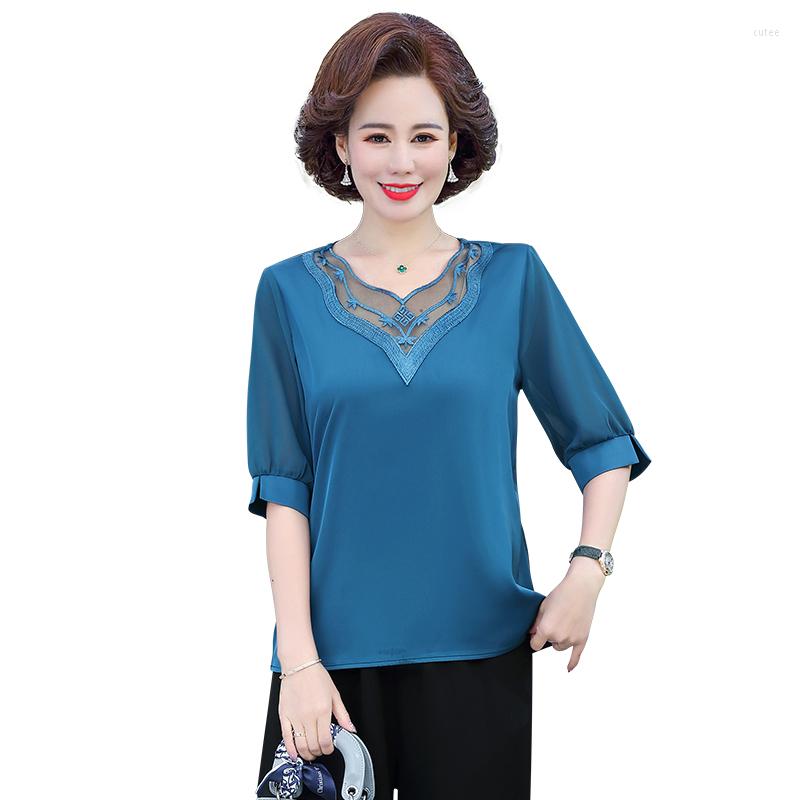 

Women's Blouses Vintage Elegant Satin Lace Mesh Shirt Woman Clothing 2023 Summer Half Sleeve V-Neck Loose Pullover Blouse Ladies, Blue