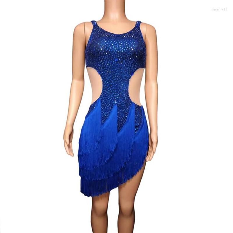 

Stage Wear Flashing Rhinestones Dress Birthday Celebrate Blue Shining Latin Evening Bar Singer Dancer Show Outfit, Picture shown