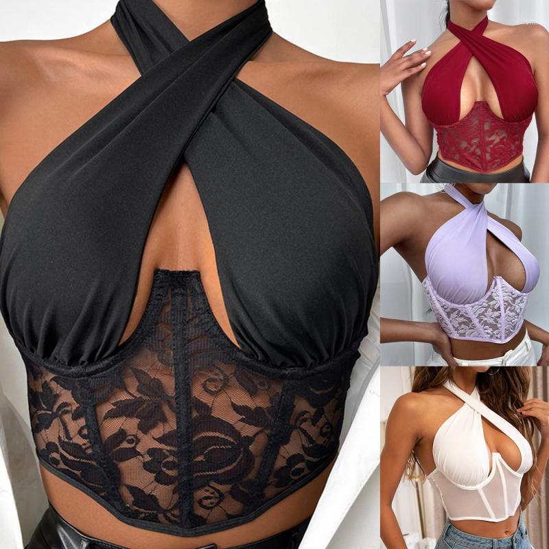 

Women' Tanks Sexy Lace Spliced Cross Halter Bustiers Crop Tops Women Cut Out Plunge V Tank Party Club Summer Backless Vest, White