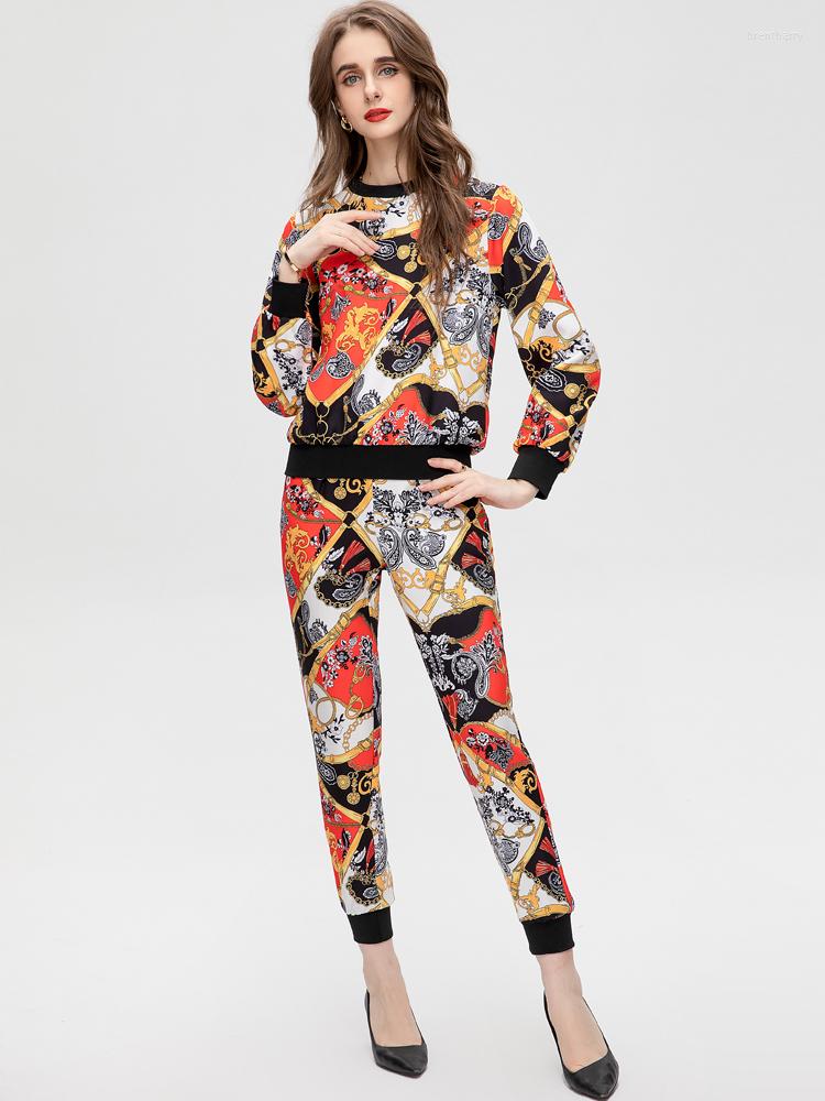 

Women' Two Piece Pants Red RoosaRosee O-neck Collar Vintage Print Long Sleeve Pullovers Pencil Spring Summer Sets 2023 Women Suit Twinset, Color