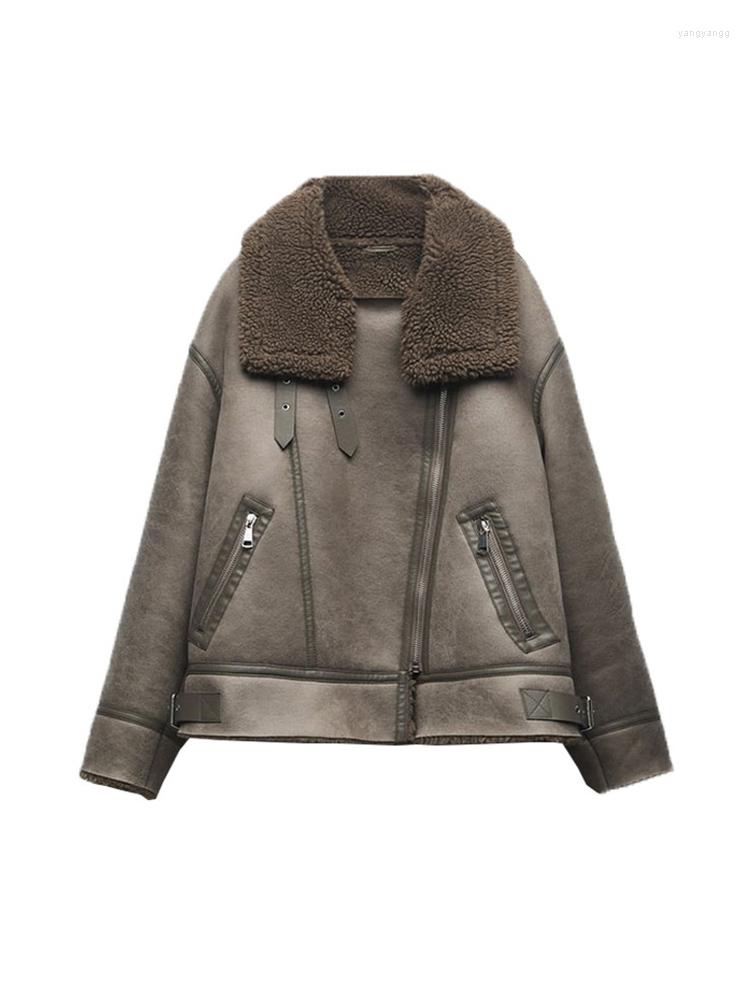 

Women's Leather Ailegogo Autumn Winter Women Loose Faux Suede Lamb Fur Jacket Moto Biker Female Zipper Thick Warm Coat Outwear, Dark green
