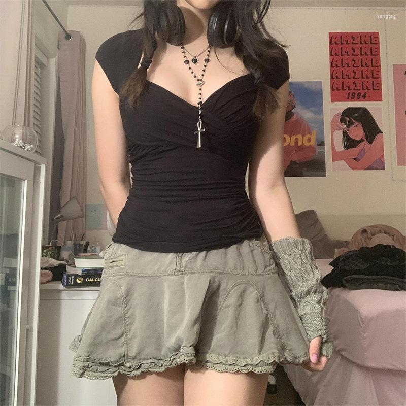 

Women' Blouses Y2K Cross Crop Top Folds Black Square Collar T Shirt Short Sleeve Cute Chic Tee Grunge Korean Retro, Picture shown