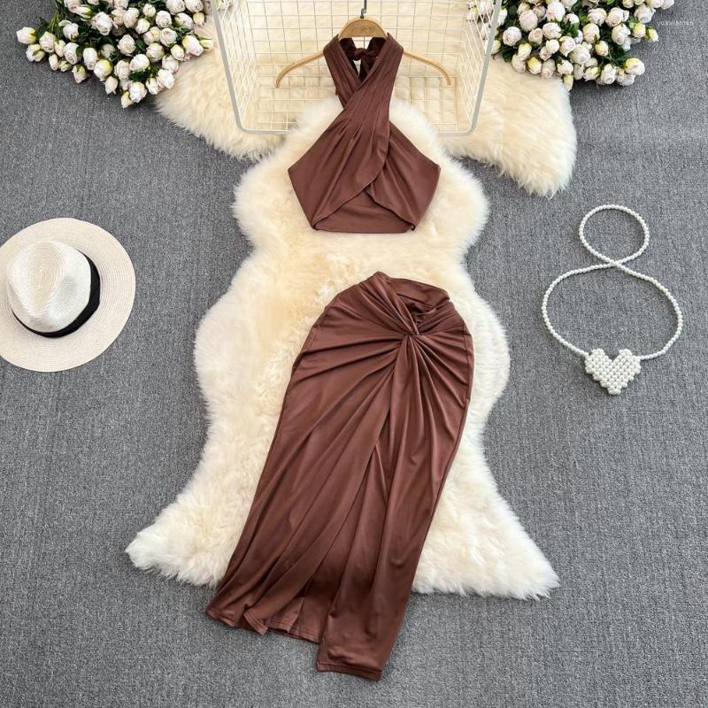 

Work Dresses Fashion Suit Hanging Neck Cross Wrap Body Clothes Twist Split Bag Buttock Half Skirt Two-piece Set, Auburn