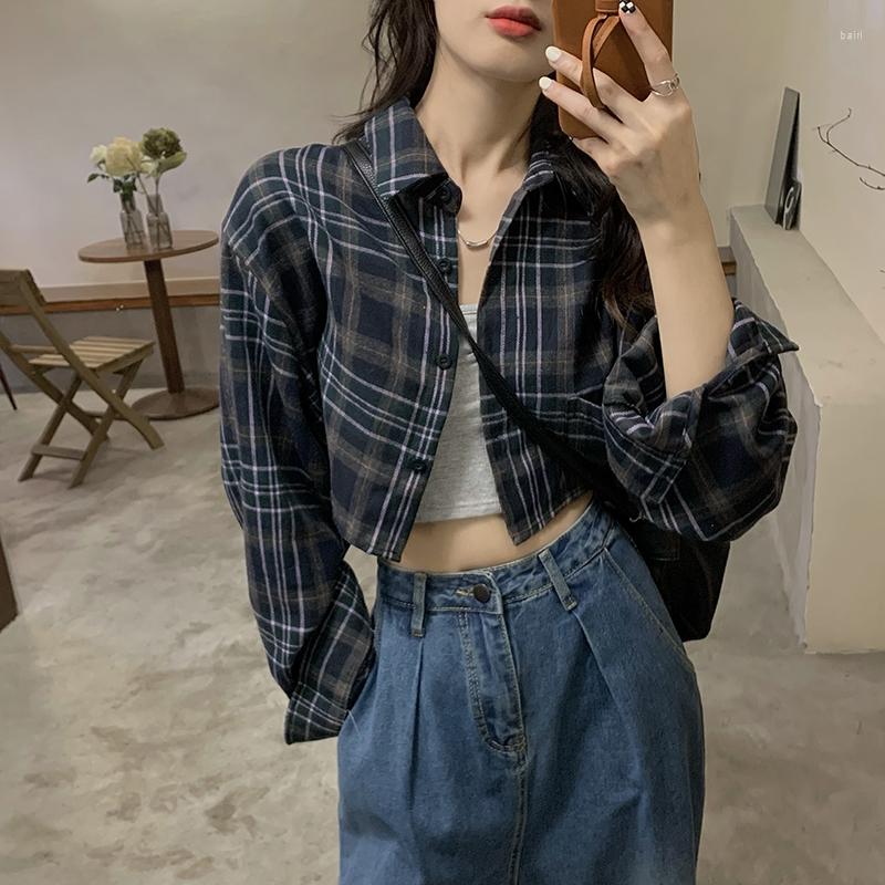 

Women's Blouses 2023 Vintage Plaid Shirt Women's High Waist Long Sleeve Short Shirts All-match Sunscreen Tops Fashion, Navy blue