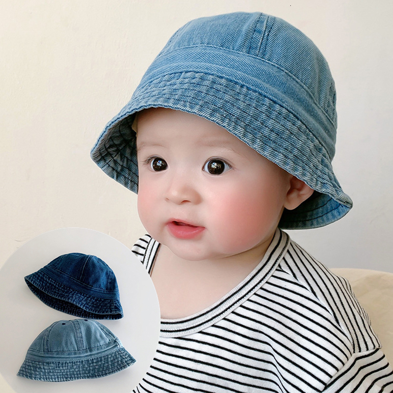 

Caps Hats Foldable Baby Denim Bucket Hat Vintage Kids Sun Protection Caps Summer Fisherman Hat Windproof Strap Boys Girls Sunshade Hat 230413, Blue
