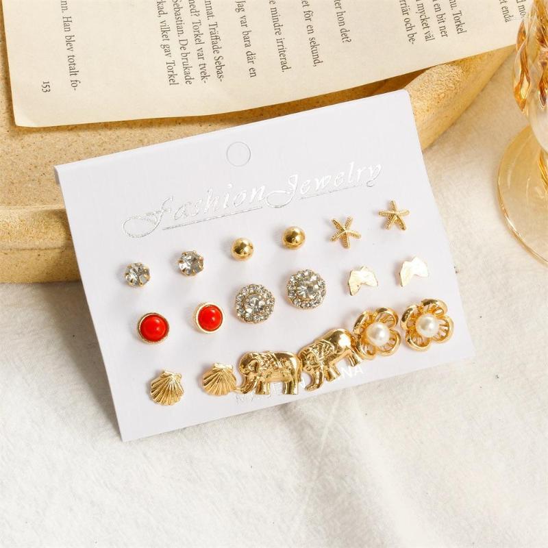 

Stud Earrings 9-pairs Set Lovely Pearl Metal Elephant Flower For Women Earing Jewelry Earings Earring 1Z6C4