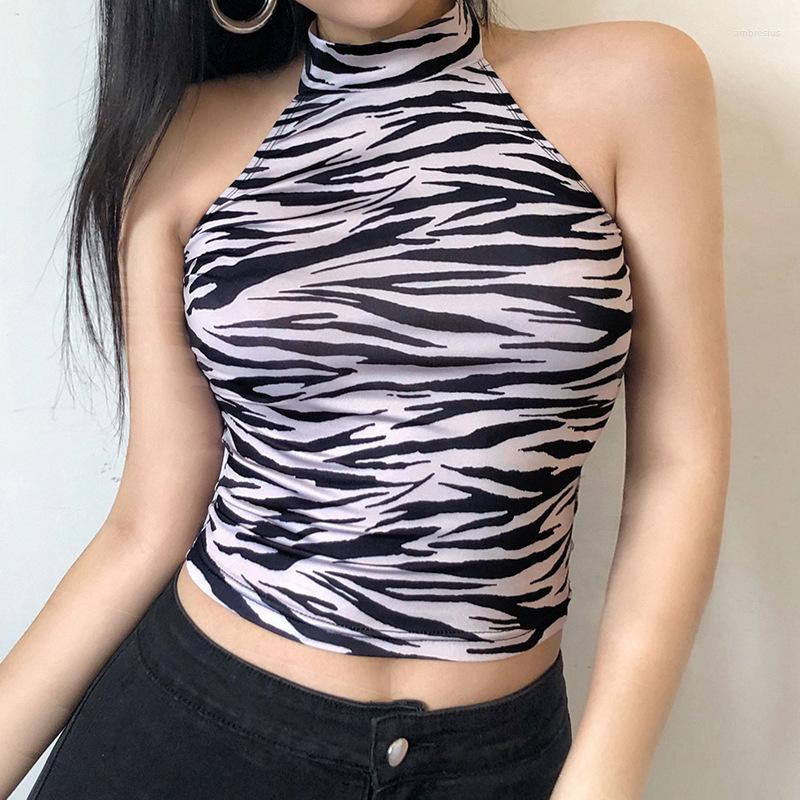 

Women' Tanks Women Summer Zebra Contrast Striped Crop Top Female Fashion Sexy Slim Halter Backless Club Tops 90s Streetwear Casual Camisole