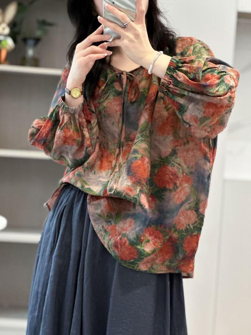 

Women's Blouses 23Women Ramie Shirts Summer Mori Girl Style Print Lace-up Loose Nine Quarter Lantern Sleeve Female Tide Tops