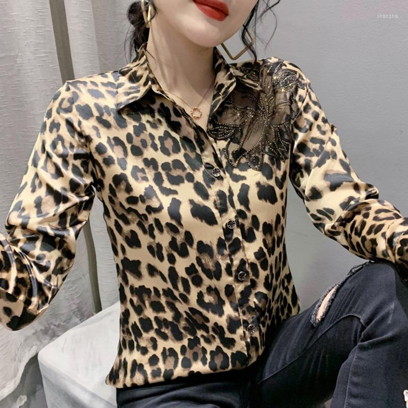 

Women' Blouses Women Tops And Leopard Shirt Long Sleeve Hollow Out Diamonds Slim Vintage Thin Office Korean Style