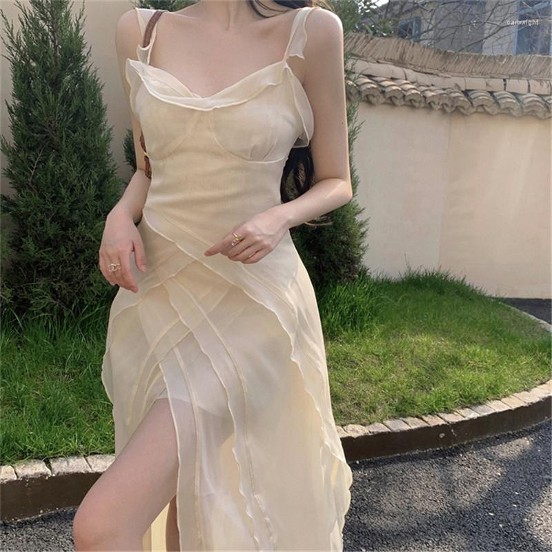 

Casual Dresses 2023 Summer Holiday Beach Fairy Dress Slash Neck Sleeveless High Split A Line Sling Princess Fashion Chiffon, Picture shown