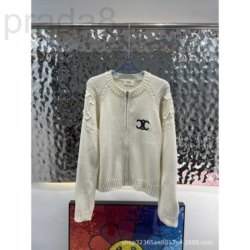 

Women' Knits & Tees designer 23 Autumn/Winter New Zipper Knitted Round Neck Cardigan Embroidered Back Sleeve Heavy Work 3D Jacquard MB4O, Creamy-white