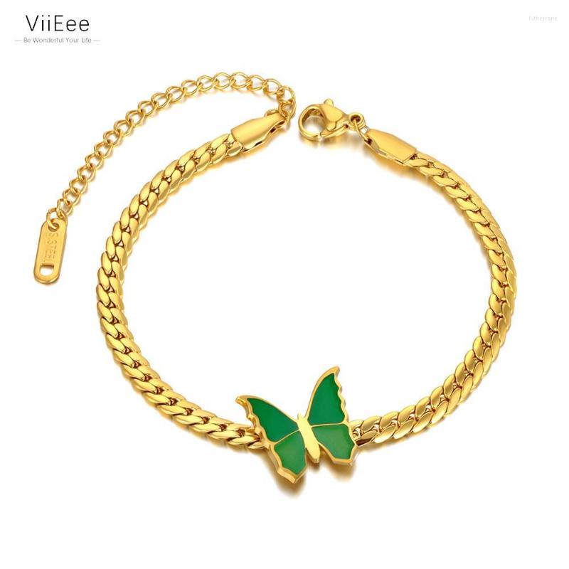 

Charm Bracelets ViiEee Titanium Stainless Steel Chain Link Trendy Green Glaze Butterfly Bracelet For Women Girls VB22003