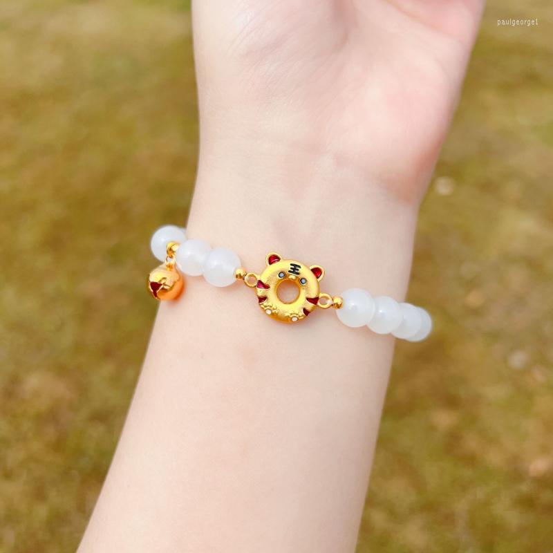 

Strand Old Sandalwood Zodiac Tiger Bracelet For Women Chinese Style Gold Bell Pendant Beaded Jewelry Girlfriends Gifts
