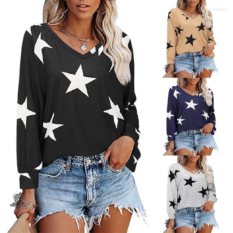 

Women' T Shirts Lady Autumn And Winter Five Pointed Star Printed V-Neck Long Sleeve T-Shirt Women' Fashion Casual Versatile Top, Khaki