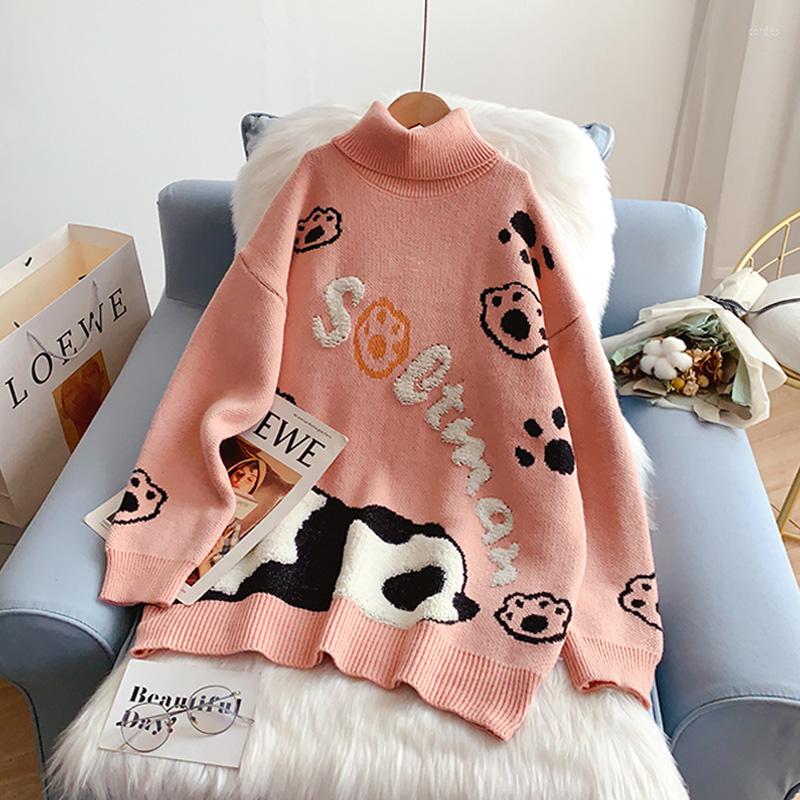 

Women's Sweaters Korean Girls Pink Cartoon Turtleneck Sweater Women's Autumn Winter Cute Panda Outerwear Pullovers Cozy Loose Knitwear, Green