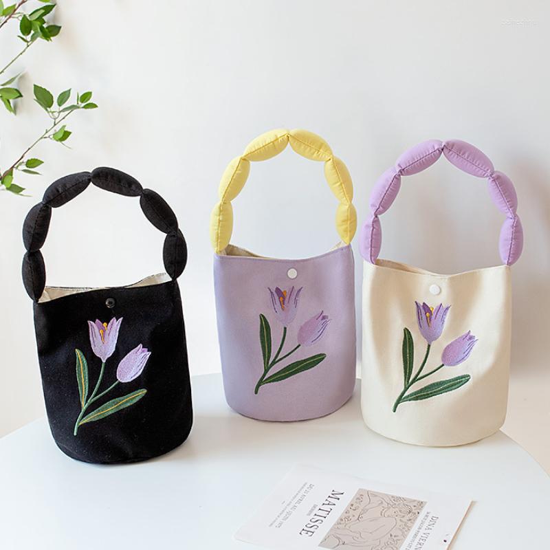 

Evening Bags Flower Embroidery Women's Small Handbags Simple Canvas Female Underarm Shoulder Student Girls Floral Cloth Bucket Bag Purse, Purple