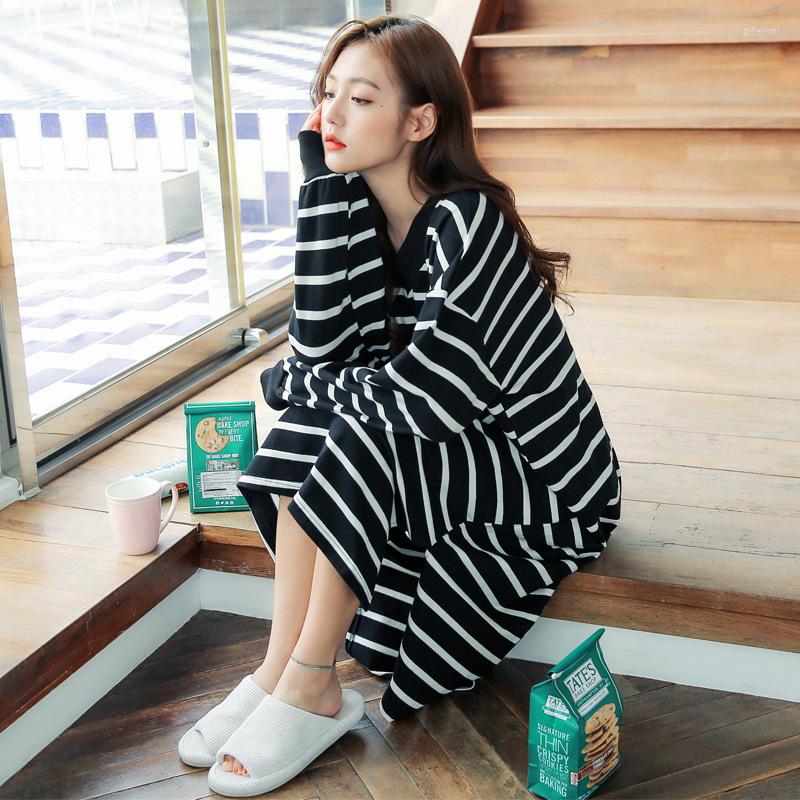 

Women's Sleepwear Spring And Autumn Long Sleeved Black White Striped Nightdress Women's Cotton Pregnant Loose Casual Pajamas, Picture color