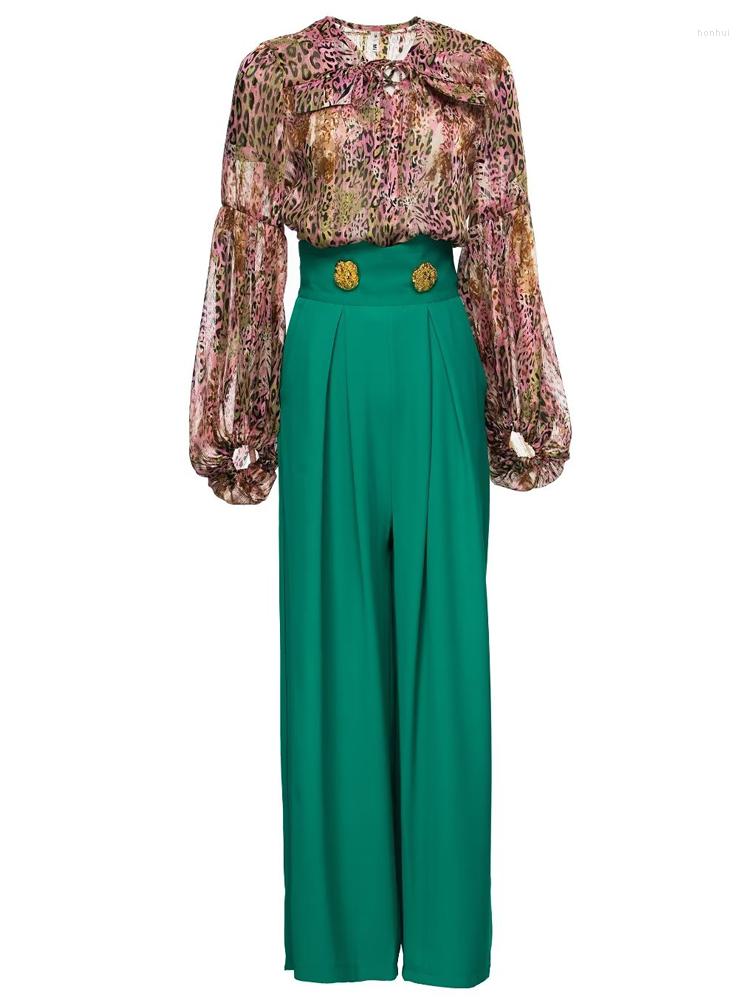 

Women' Two Piece Pants Designer Spring Summer Chiffon Printed Tops Casual Green Elegant Fashion High Quality Women' Set, Multi