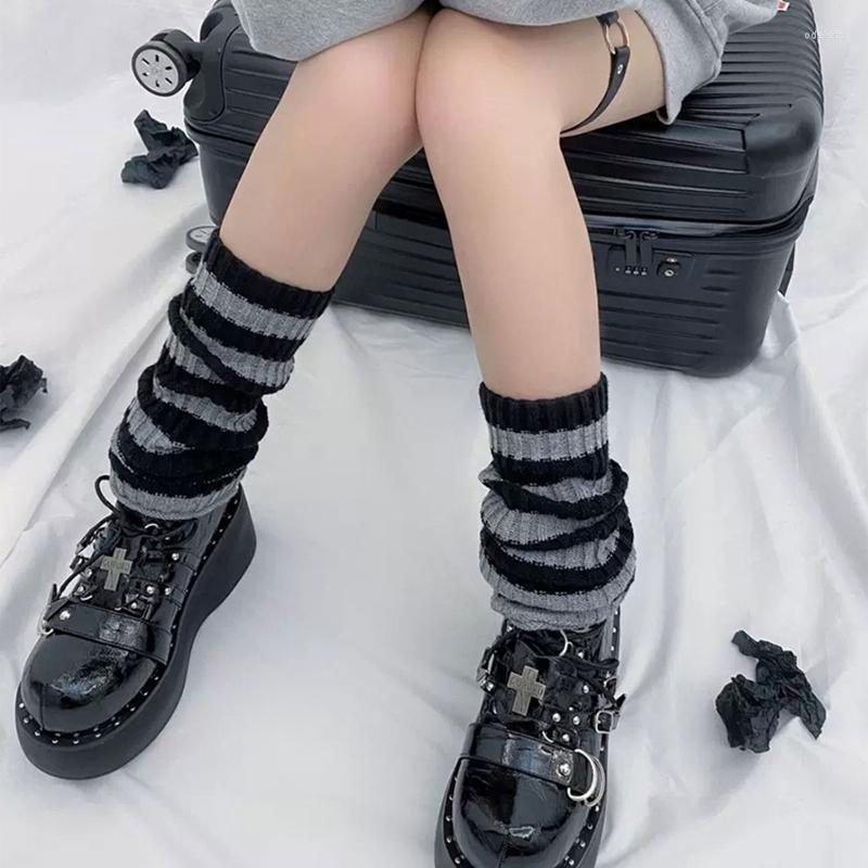 

Women Socks Chunky Ribbed Knit Gothic Punk Striped Print Junior Girls 90s Boot Foot Cover Garters, Black and white