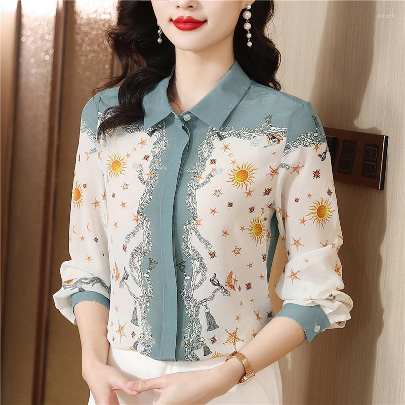 

Women' Blouses Satin Shirt For Women Summer 2023 In Printed Casual Silk Loose Fashion Long Sleeve Top Turn-down Collar Button, Image color