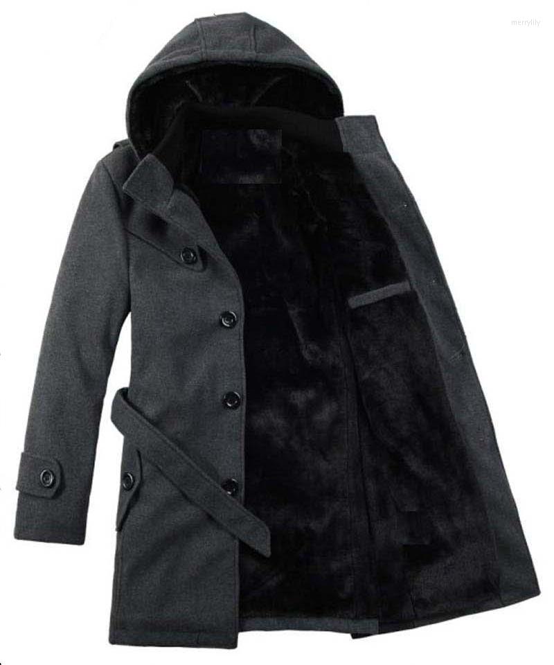 

Men's Trench Coats Autumn Winter For Men's Fur Thicken Hooded Coat Mid-length Long Sleeve Single Buckle Warm Casual Pure Belt Jacket, Black