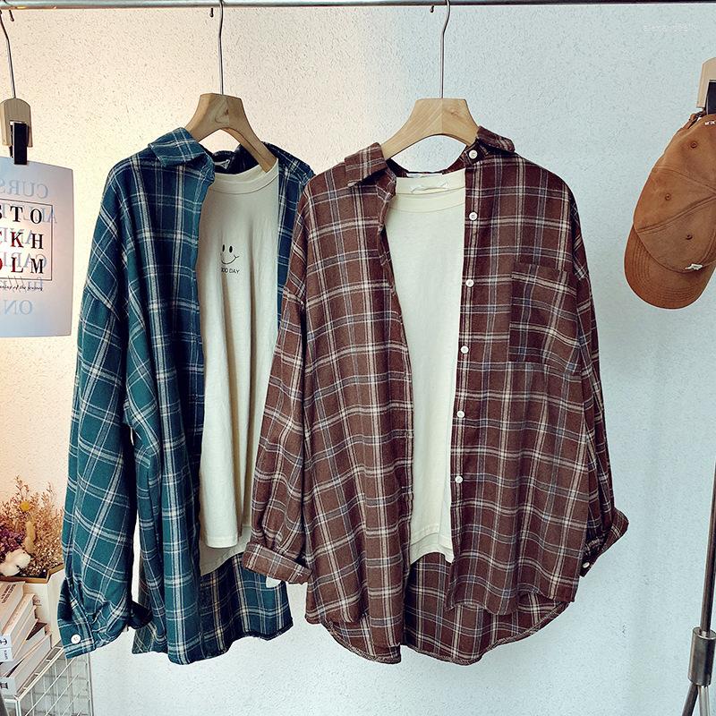 

Women's Blouses Plaid Fairy Grunge Brown Top Vintage Oversized Green Women Shirt Cotton Checked Lady Outwear Autumn S, Black