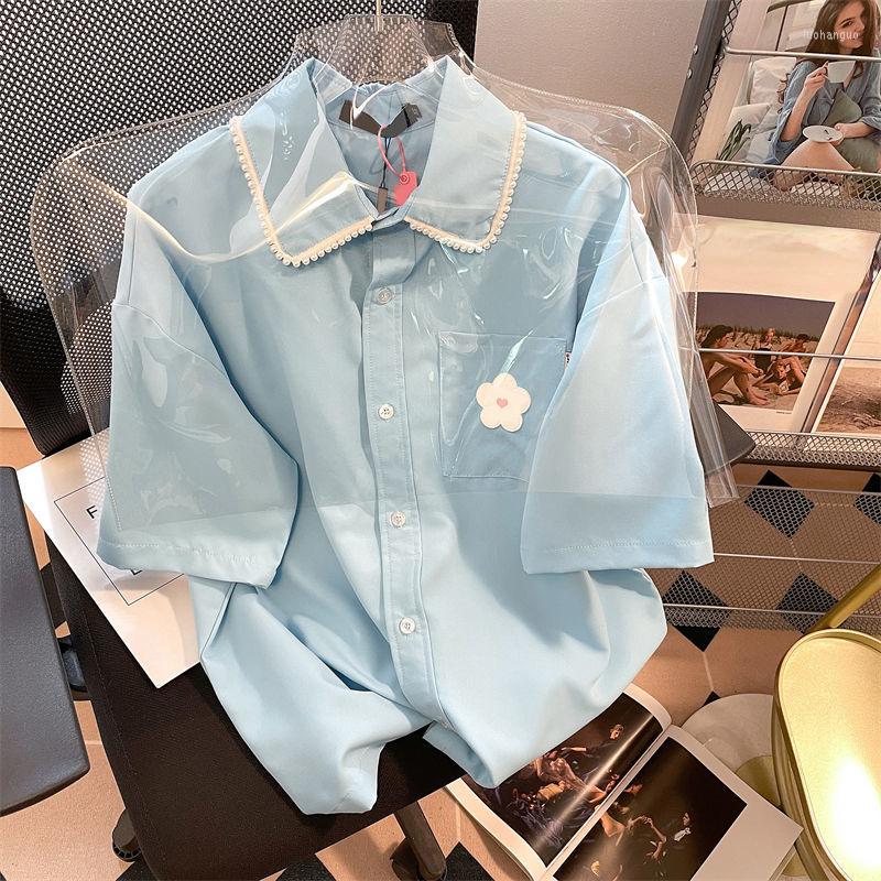 

Women's Blouses Office Lady Elegant Solid Shirts Tops Pearls Turn-down Collar Short Sleeve Blouse Women 2023 Summer Loose Single Breasted, Blue
