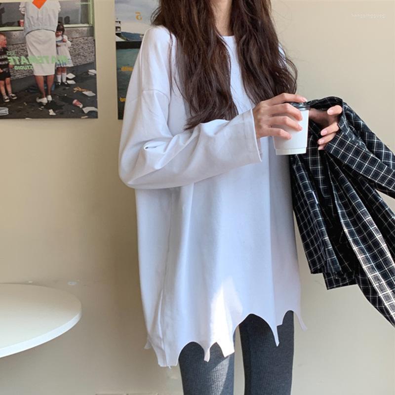 

Women's T Shirts Korean White Irregular Long Sleeve T-shirt Women's Spring Autumn Casual Oversized Hole Bottom Y2k Tops Streetwear, Xian 054 white