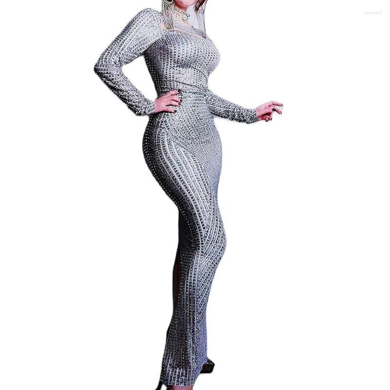 

Stage Wear Luxury Long Sleeve Bodycon Dress Shining Studded Diamonds Women Prom Party Celebrate Costumes Nightclub DJ Singer Dancer, Silver