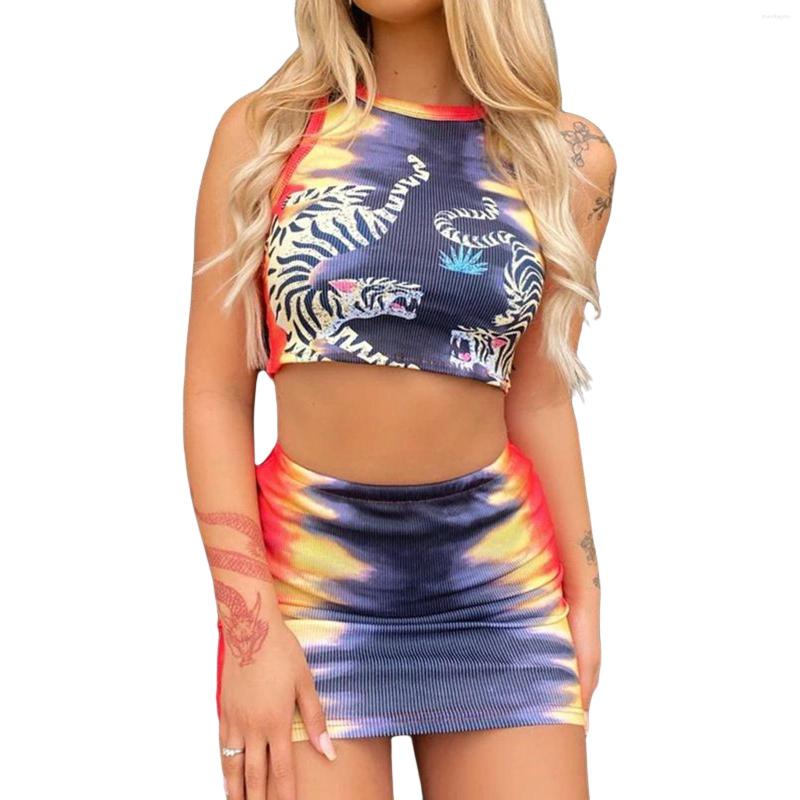 

Work Dresses Women Sexy Vest And Skirt Suit Summer Tiger Pattern Cropped Tops Gradient Color High-waist Tight Short Club 2023, Blue