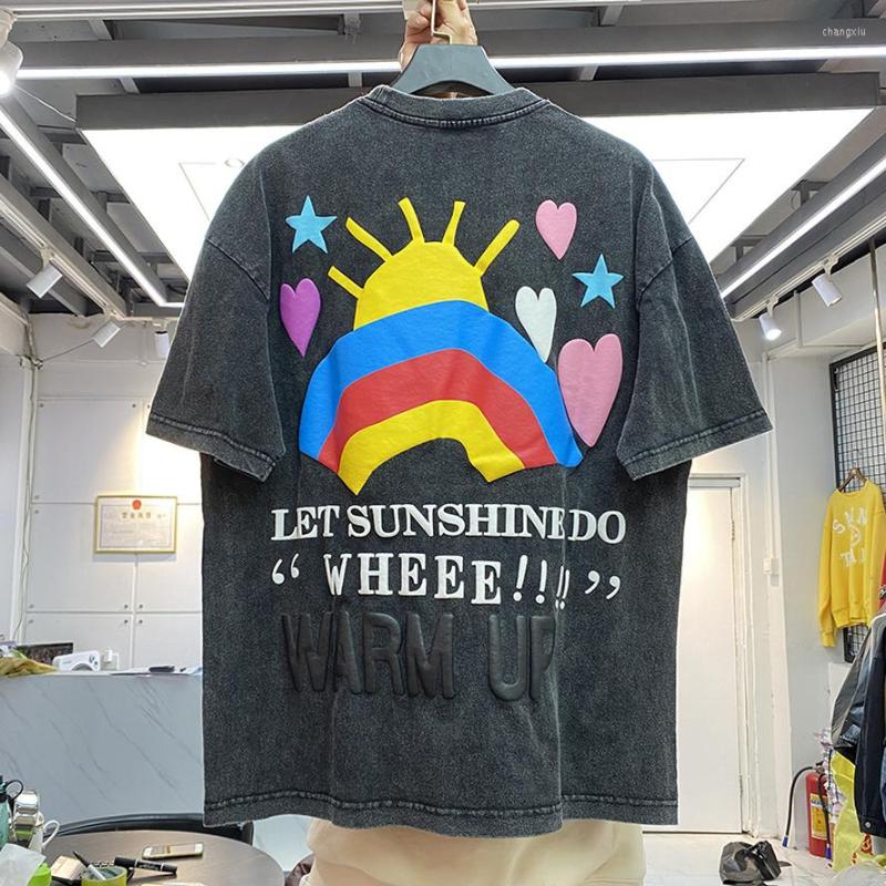 

Men's T Shirts Puff Print RainbowT Shirt Men Women High Quality Nice Washed T-shirt Tops Tee Harajuku