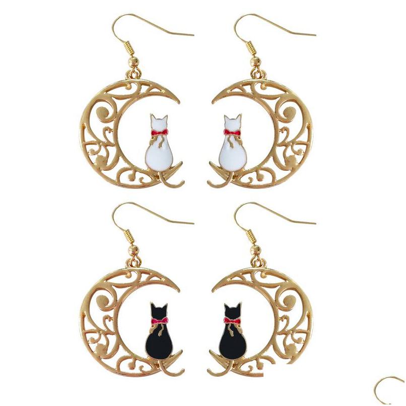 

Charm Black White Cat Earrings For Women Lovely Dangle Kawaii Cartoon Animal Moon Drop Earings Jewelry Delivery Dhgarden Dhdle