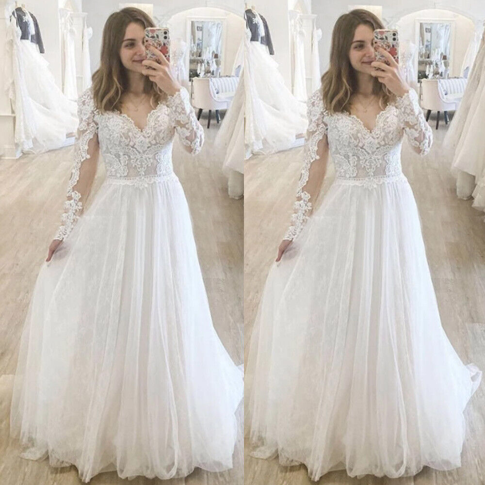 

V-neck Long Sleeve A-line Wedding Dress Lace Applique Tulle Bridal Dress, White