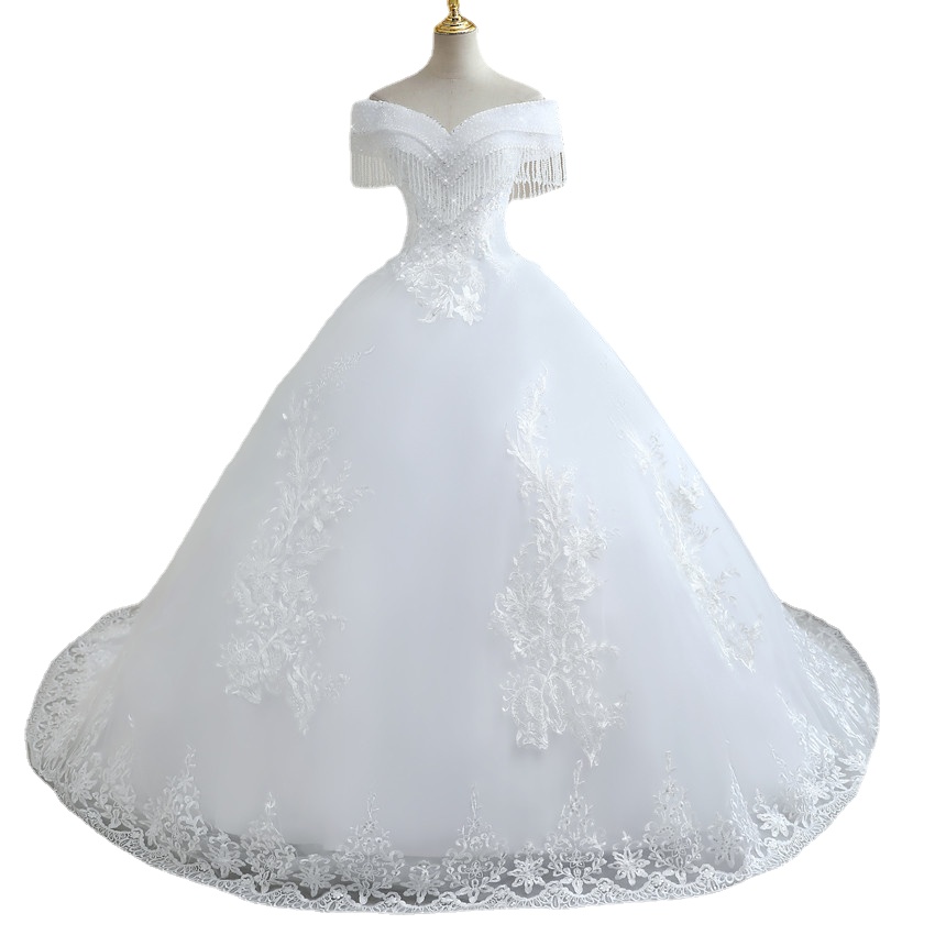 

Luxury Crystal Beaded Wedding Gown A line Off Shoulder Short Sleeves White Color Court Train Wedding Dress Factory Price WX0268, Ivory