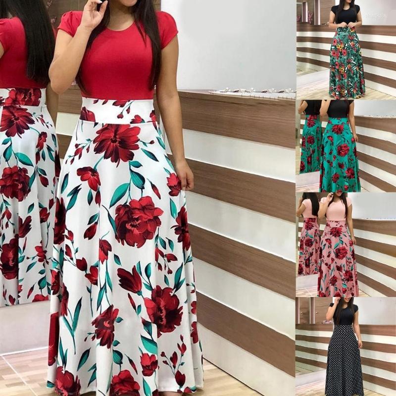 

Casual Dresses Women Summer Print Maxi Dress Floral O-Neck Short Sleeve Long, D001