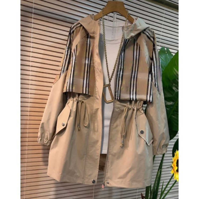 

Bby women trench coats tb plaid cardigan coat burb designer jacket casual hooded windbreaker tb plaid patchwork zippered jackets 4xl 5xl 6xl, Box