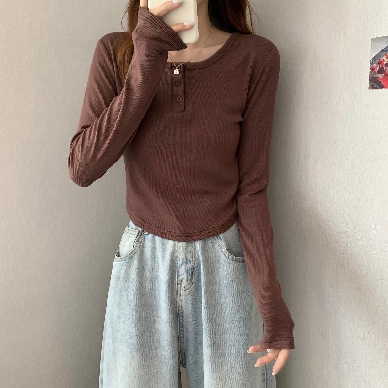 

Women' T Shirts Korean Style Solid Basic Long Sleeve T-Shirt Casual O-Neck Button Tops Chic Short Women Autumn Clothes Harajuku, Gray