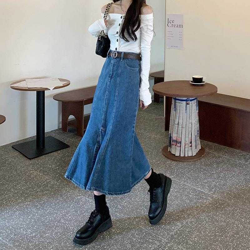 

Fishtail Skirt Denim Spring Washed High Waist Slim Mid Length Sheath Split Dress, Navy blue