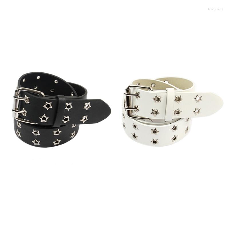 

Belts Women Faux Leather Belt For Jeans 1.5" Wide Double Grommet With Alloy Pin Buckle Fashion Accessories  Fits Most, White